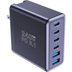 240W USB C Charger, 140W Laptop Fast Charger, PD3.1 PPS 6-Port USB Type C Wall Charger, Advanced GaN Power Adapter, for MacBook Pro 16'', iPhone 16 Series, iPad Pro, Galaxy, Pixel, and More