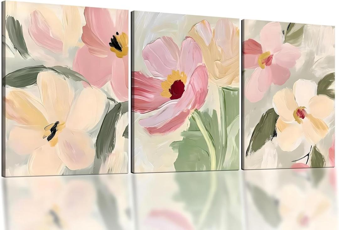 Floral Wall Art Set of 3, Framed Vintage Pink Flower Canvas Paintings, Rustic Country Decor Poster for Living room, office, bedroom 16x24 Inch Each, Ready to Hang