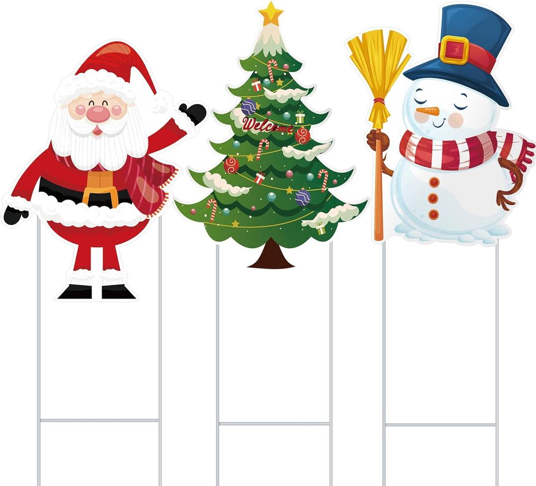 3 Piece Christmas Decorative Metal Stakes 27 Inch Yard Metal Snowman, Christmas Tree and Santa Claus Christmas Decor for Outdoor Decorations, for Front Door, Lawn, Garden, Patio