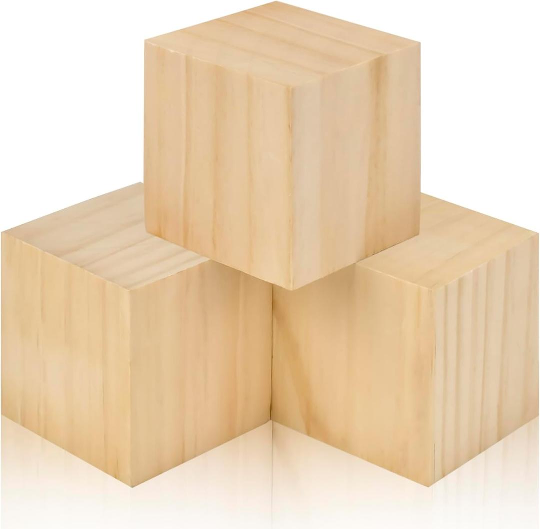 3 Inch Unfinished Solid Wood Blocks 3 Pack Natural Wood Cubes for DIY Crafting, Carving, Art Painting, Puzzle Building and Woodworking