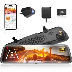 WOLFBOX G840S 12" 4K Mirror Dash Cam Backup Camera, 5.8GHz WiFi Smart Rearview Mirror for Cars & Trucks, Front and Rear View Dual Cameras, Night Vision, Parking Assistance, Included 32GB Card & GPS