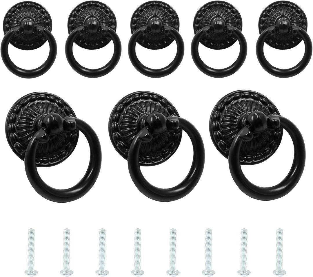 8 Pack Vintage Bronze Drop Ring Knobs Hardware Furniture Drawer Pull Ring Single Hole Knobs(Black)
