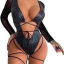 Women's Rave Wear One Piece Bodysuit Snakeskin Print Sexy Leg Rings Swimsuit for Festival Dance Rave Clothing (Small, Shiny Mesh Sleeves Black)