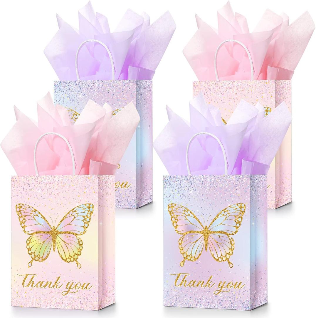 Leinuosen 16 Sets Butterfly Party Favor Bags with Tissue Paper,Pink Purple Goodie Bags for Kids Girls,Floral Treat Totes with Handles for Birthday,Baby Shower,Party,Wedding(Glitter Style)