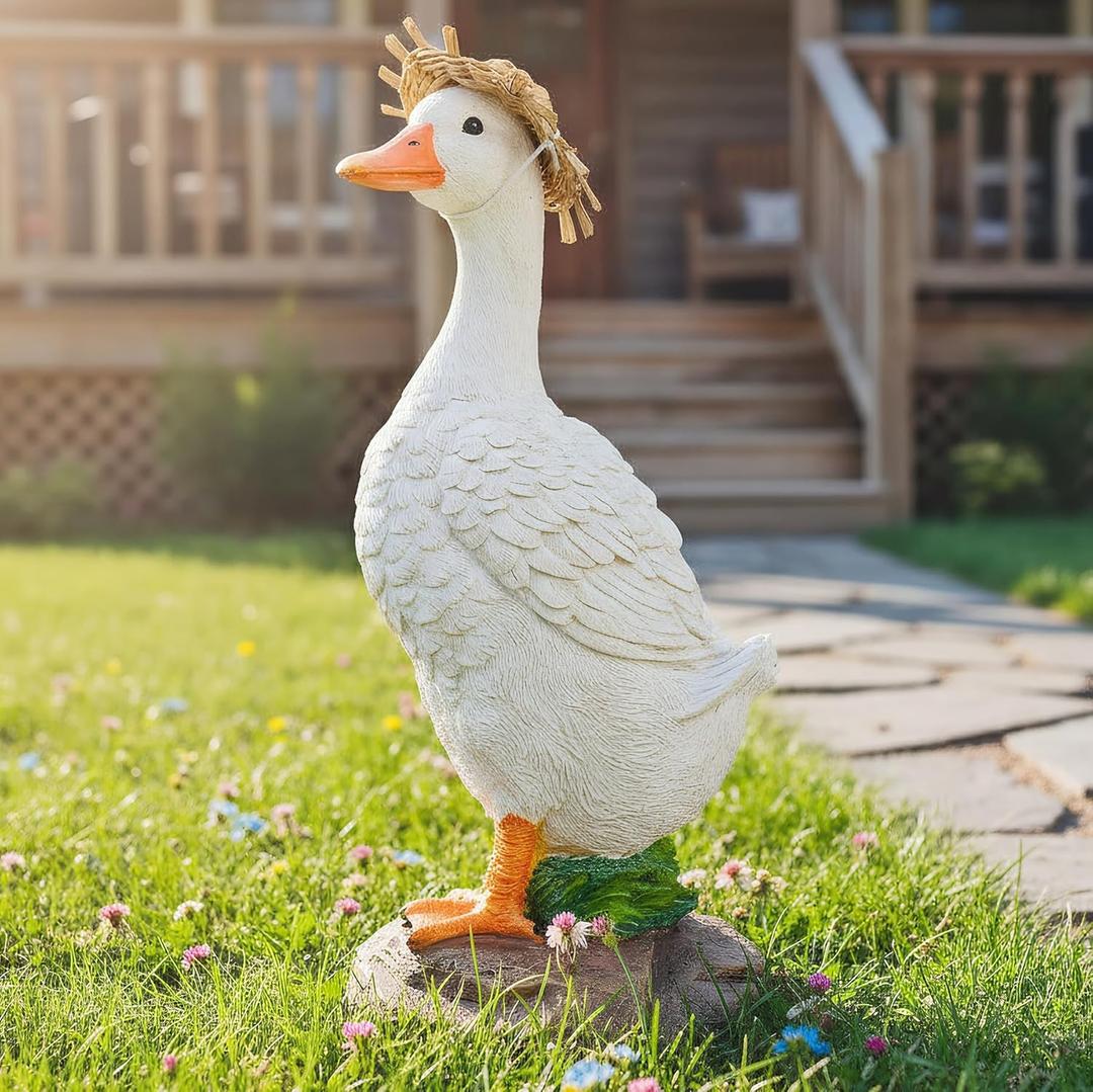 Euronet 12" Garden Porch Goose Statues, Funny Duck Farm Fence Decor, Resin Real Concrete Porch Goose Decor, Outdoor Animal Sculptures & Statues, Perfect for Home Garden Stairs, Farm, Patio, Backyard
