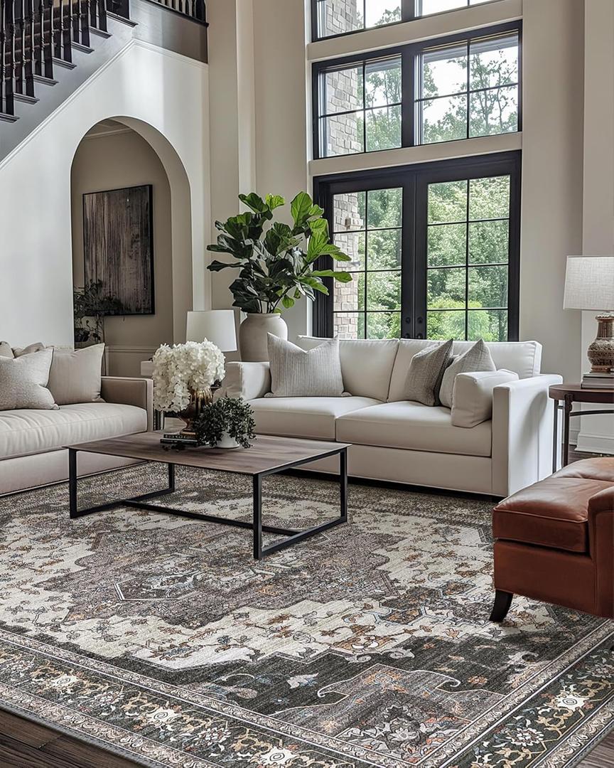 Area Rugs for Living Room 8x10 Machine Washable Rug, Boho Vintage Retro Large Floral Medallion Carpet for Bedroom Dining Room, Low Pile Lightweight Thin Chenille Non Slip RugDark Grey (8' x 10' (Rectangular), Area Dark Grey)