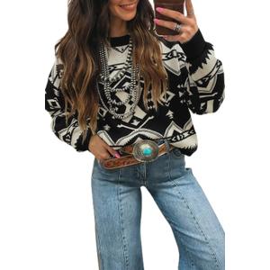 Womens Pullover Sweater Western Print Knit Tops Boho Drop Shoulder Brown Bows & Horseshoes L