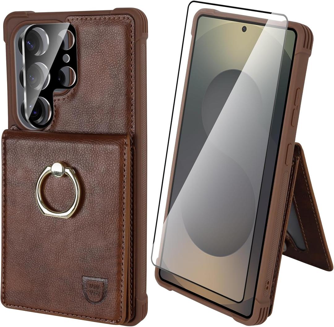 VANAVAGY Wallet Case for Galaxy S25 Ultra for Women Men, PU Leather Phone Case Wallet with Magnetic Clasp RFID Blocking Card Holder Coin Pocket with Ring Holder for S25 Ultra 6.9 inch, Brown