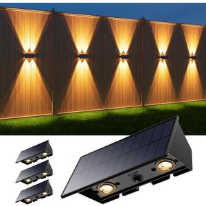 4 Pack Solar Powered Wall Lights for Outside Up and Down Fence Mount LED Outdoor Decorative Waterproof Lamps for Porch, Deck, Patio, Yard, Garden, 4 Lenses Designed for Accent Lighting (Warm White)