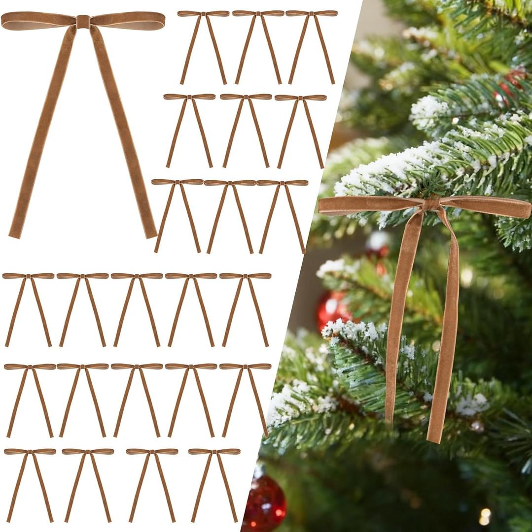 24 Pcs Velvet Bows for Christmas Tree and 12 Feet Wooden Beads Ornaments, 5x7 Inch Vintage Christmas Velvet Ribbon Bows for Xmas Garland Wreath Gift Wrapping Holiday Home Party Decorations (Khaki)