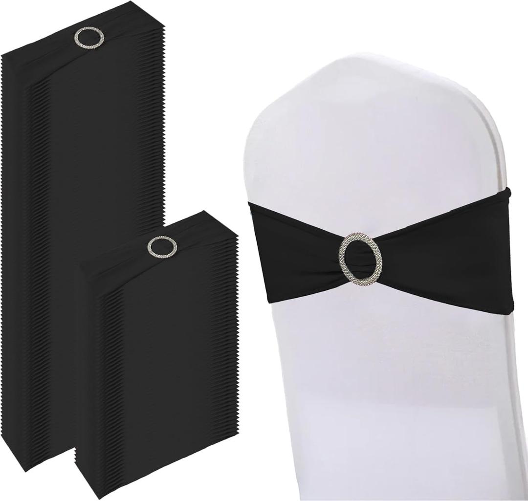 150 Pack Spandex Stretch Chair Sashes Bows, Elastic Stretch Chair Cover Bands Ties with Buckle Slider for Wedding Party Ceremony Reception Event Banquet Decoration (Black)