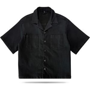 Cropped Cuban Button Down Shirt for Men - Knit Short Sleeve Collared Shirt with Pocket Lightweight Summer Casual Fit (Black, XXL)