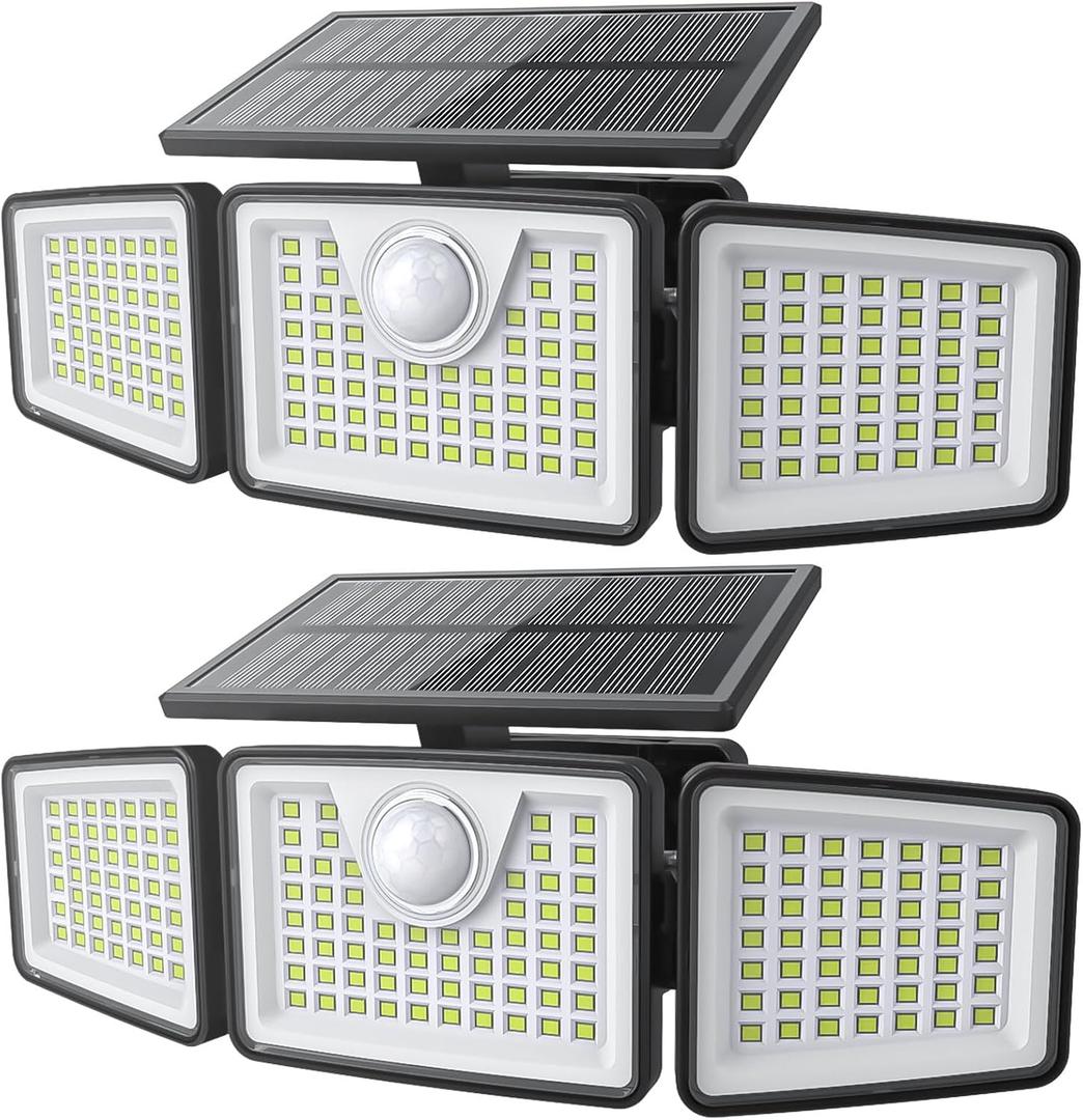 2500LM Solar Lights Outdoor with Motion Sensor,3 Head 270 Wide Angle Street Area Lights, IP65 Waterproof Security Lighting with 3 Modes (Non-Remote, 2 Pcs)