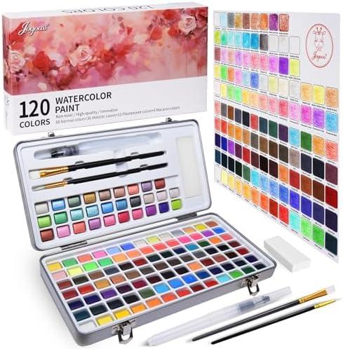 Joyooss Watercolor Paint Set, 100 Water Color Paints with Brushes and Portable Box, Including Metallic, Fluorescent and Macaron Colors, Perfect for Beginners and Professionals