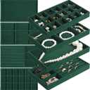Homaisson Jewelry Drawer Organizer, Velvet Jewelry Tray, Multiple Compartment Layout, Stackable Jewelry Trays for Rings, Earrings, Bracelets, Necklaces, Dark Green, 4 PCS
