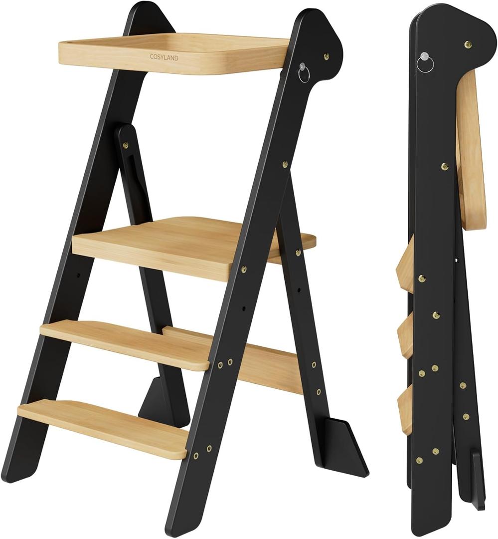 COSYLAND Foldi Foldable Toddler Kitchen Stool Helper - Adjustable Height Toddler Standing Tower with Net & Safety Feet, IF Award-Winning Wooden Learning Step Tower for Kids 18M-6Y, Black & Natural