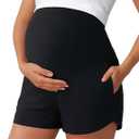 Peauty Maternity Shorts Over the Belly with Pockets, Pregnancy Lounge Shorts, Before, During After Pregnancy (Black, XL)