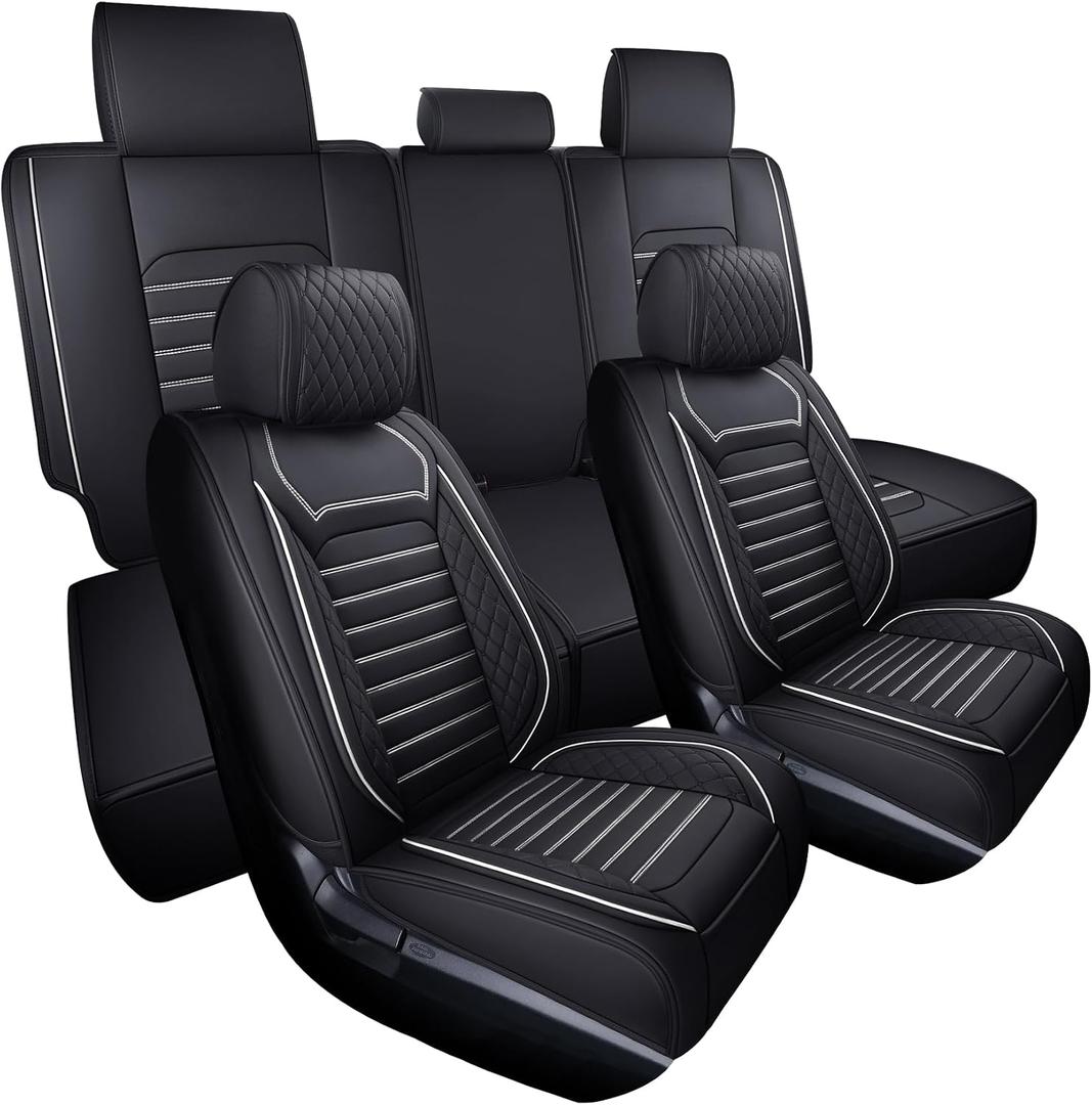 Aierxuan Car Seat Covers Full Set Compatible with Toyota Tundra Custom Fit 2008-2026 Crewmax Double Cab Truck Pickup Waterproof Leather Cushions with Split Bench 40/60(Full Set/Black-White)