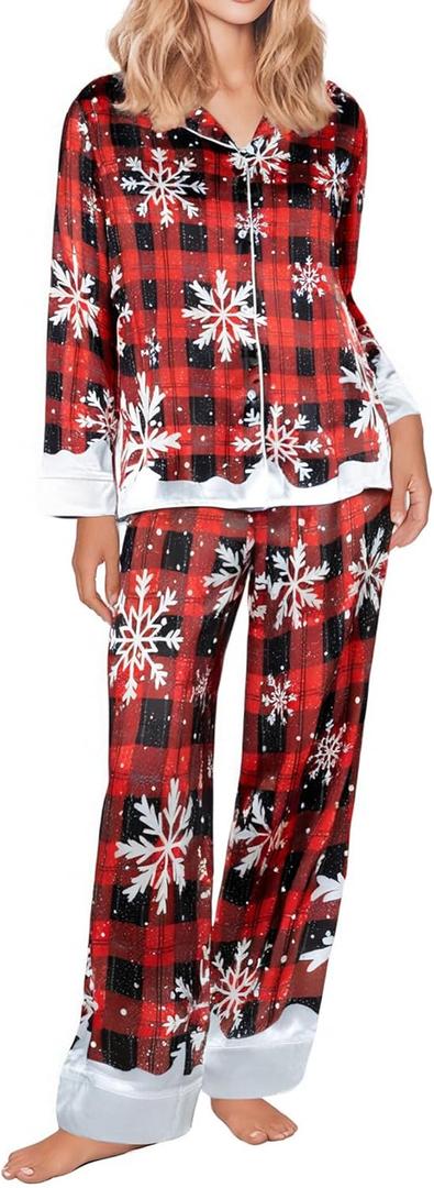 MNLYBABY Christmas Pajamas Set Women Set Long Sleeve Sleepwear Button Down 2 Piece Pjs Christmas Party Loungewear Nightwear (XL)