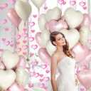 3 x Pink White Heart Balloons, 24Pcs 18Inch Baby Pink Cream White Foil Shaped Love Balloons and 50Pcs Hanging Streamer for Valentine's Day Decorations, Birthday, Wedding Party