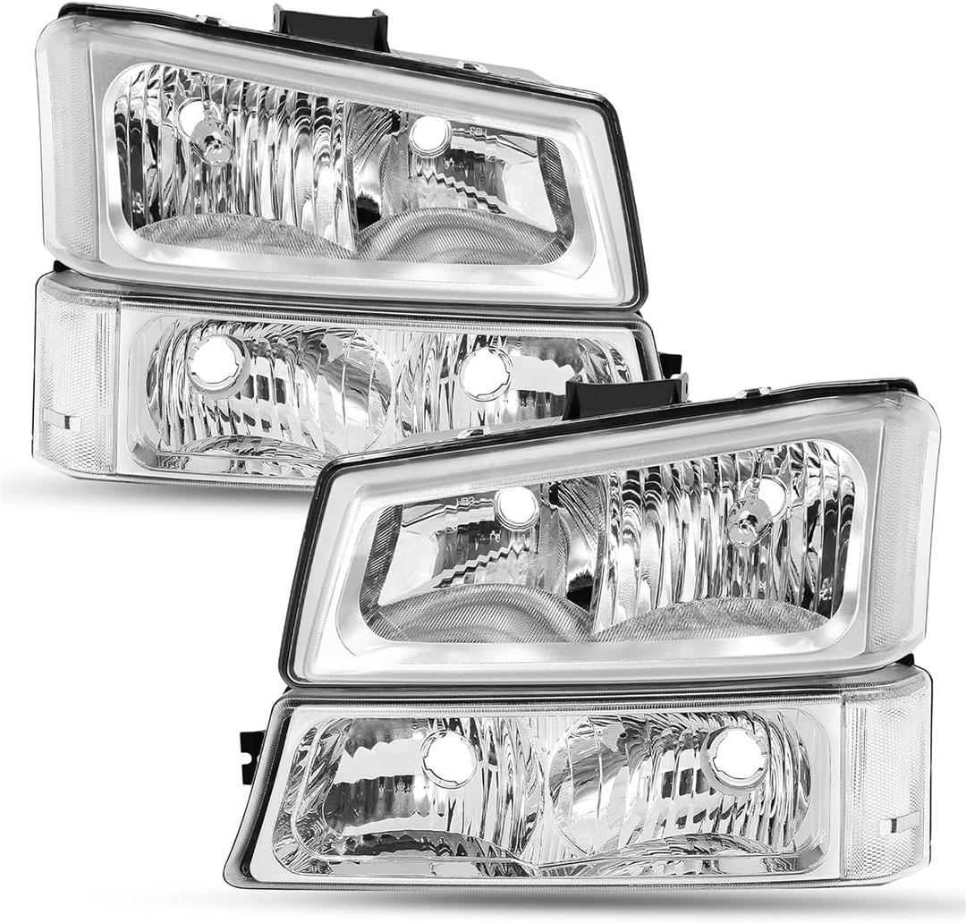 4pcs Halogen Headlight Assembly for 2003-2006 Chevy Silverado 1500 2500 HD 3500 / Avalanche, 2007 Silverado Classic w/Bumper Lights Chrome Housing