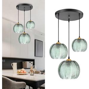 Green Glass Pendant Light, Modern Hanging Lighting fixtures That can be remotely Controlled, Suitable for Kitchens, Islands, Restaurants, bedrooms(3 pcs Light)