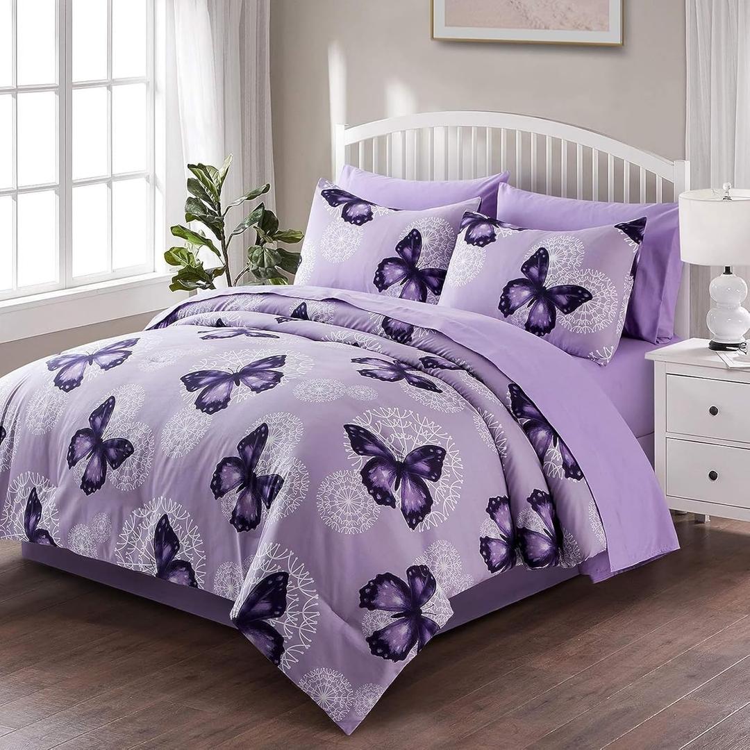ARTALL Bed in A Bag Full/Queen Size 8 Pieces, Purple Butterfly All Season Bedding Comforter Bed Set with Pillow Shams, Flat Sheet, Fitted Sheet, Bed Skirt, Pillowcases