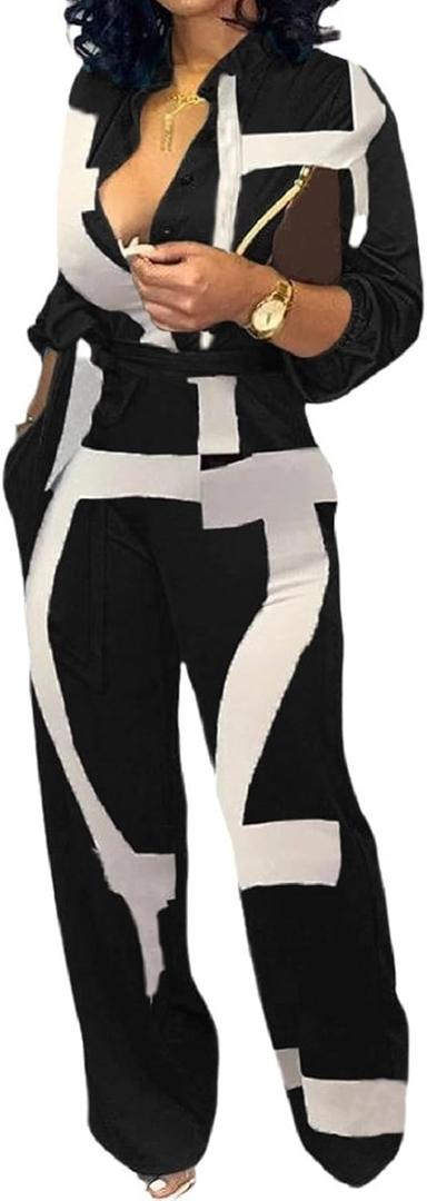 SeNight Women's Jumpsuits Elegant Business Casual Button Down V Neck Long Sleeve Strap Straight Long Pants With Pockets (XX-Large, Black/White/Long)