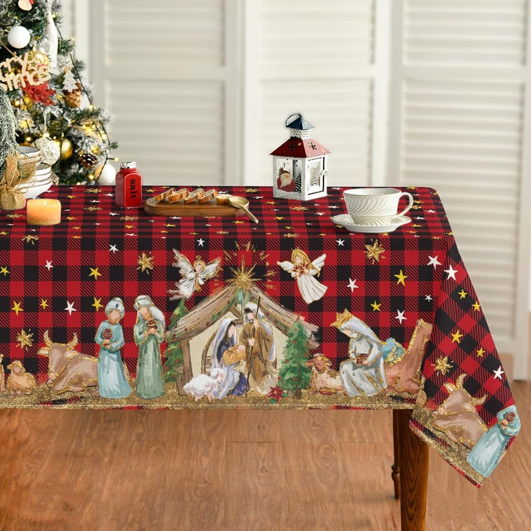 Horaldaily Christmas Tablecloth 6060 Inch, Holy Nativity Red Buffalo Plaid Washable Table Cover for Party Picnic Dinner Decor (60" x 60" (Square))