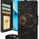 Buleens for Samsung Galaxy S23 Wallet Case for Women - with Card Holder S23 Flip Case Leather Crossbody Cute Aesthetic Galaxy S23 Case with Strap Kickstand for Girls Girly, Black Sun Moon