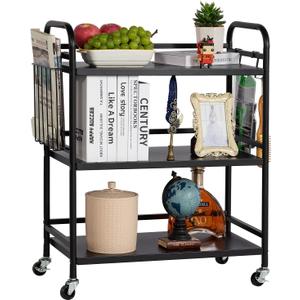 HDANI 3 Tier Metal Rolling Utility Cart,High Capacity Multi Purpose Heavy Duty Cart for Office,Kitchen,Living Room,Bedroom,Black (Large with Basket)