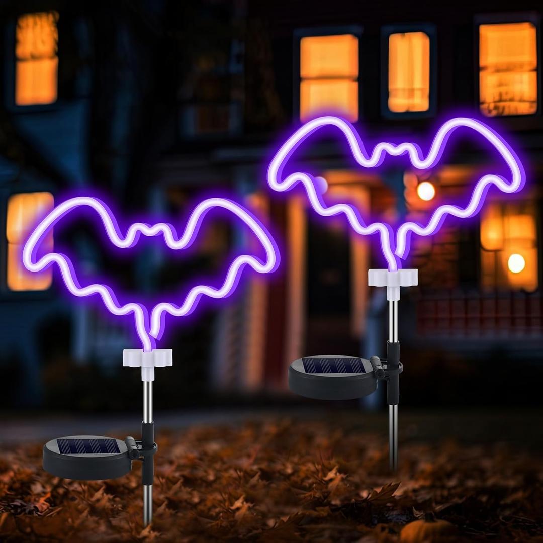 2 Pcs Halloween Decoration Outdoor Solar Halloween Garden Stake Lights Neon Solar Outdoor Waterproof Decoration with Stake for Garden Monument Yard Party Supplies(Bat)