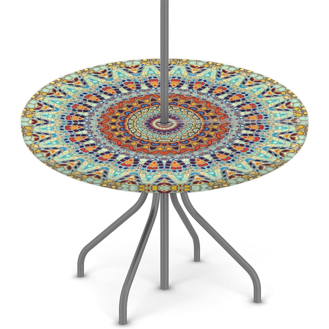 Coloful Boho Round Outdoor Tablecloths with Umbrella Hole Mandala Circle Fitted Table Cloth with Elastic Zippered Tablecloth 45"-56" Waterproof Umbrella Table Cloth Round Elastic Table Cover for Patio
