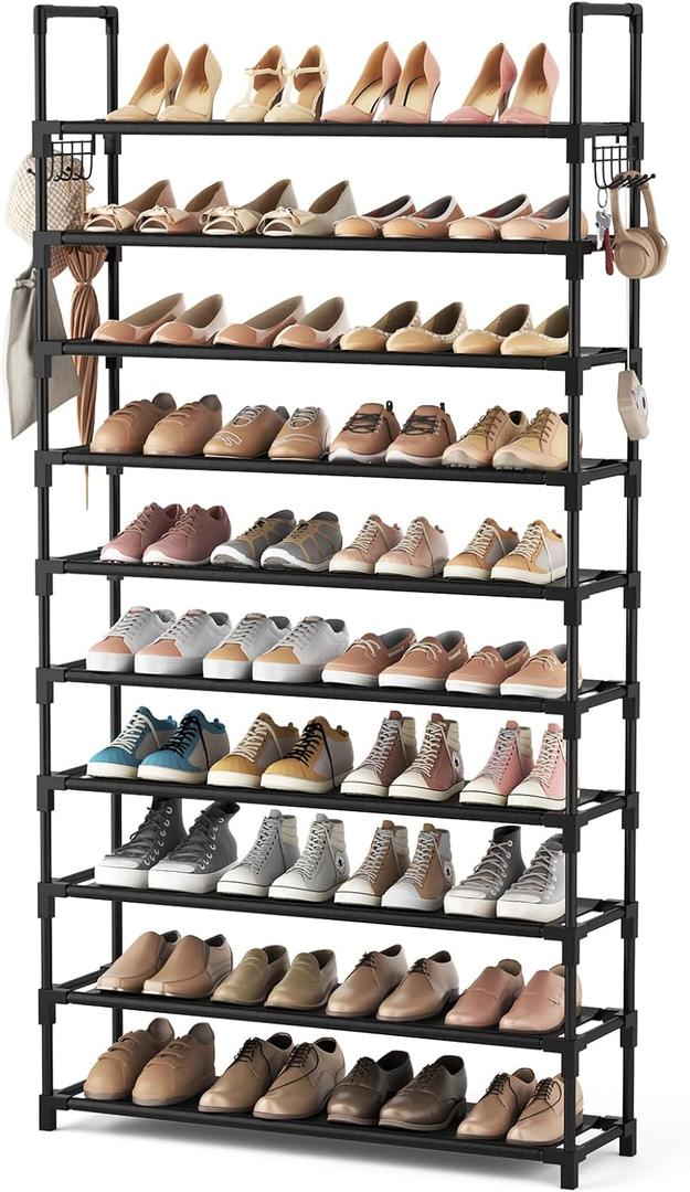 VTRIN 10-Tier Shoe Rack - Large Capacity 50 Pair Organizer with Two Hooks - Sturdy Metal Shoe Shelf for Entryway, Closet, Bedroom (10-1 Tier Black)