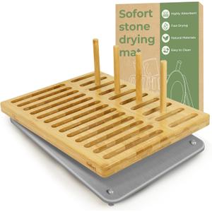 Sofort Stone Drying Mat for Kitchen Counter, Fast Dry Super Absorbent Dish Drying Mat with Bamboo Rack, Diatomaceous Earth Mats for Dishes, Plates, Mugs 16x12"