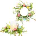Easter Day Candle Rings Set of 2, 4 Color Eggs and Flower Wreaths for Pillar and Taper Candles - Festive Candlesticks Centerpieces for Easter Day, Baby Shower, Birthday, Spring Dinner Table Decor