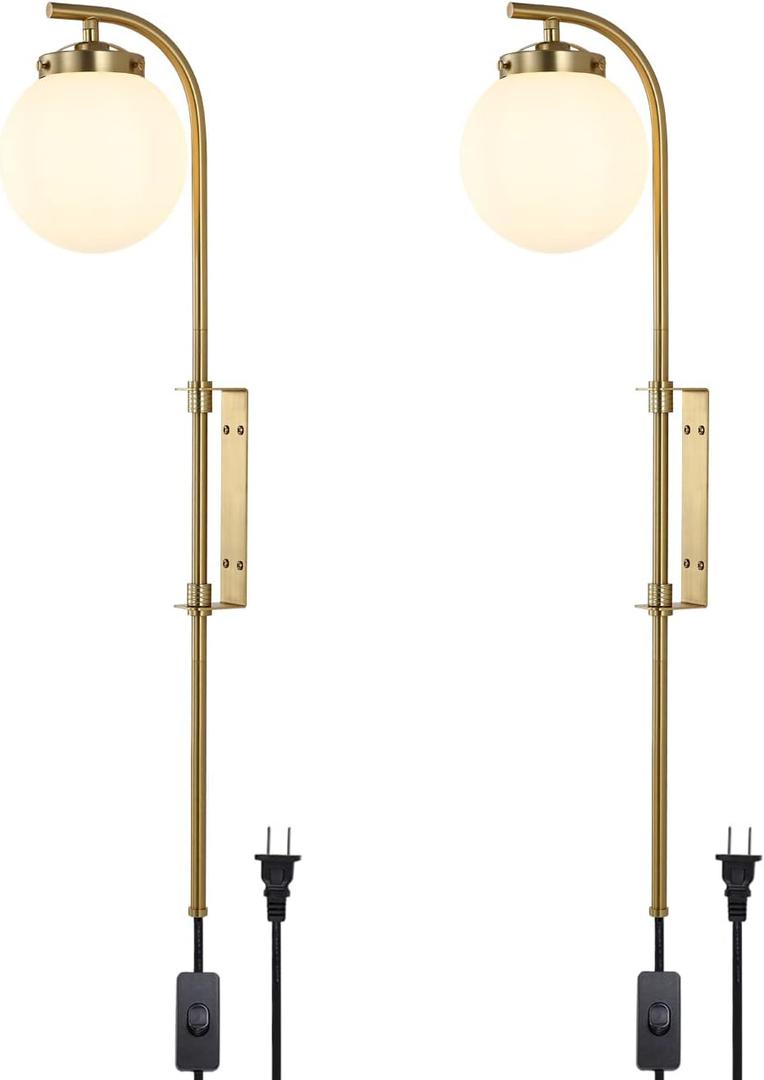 ELEHINSER Gold Wall Sconces Set of 2 with Globe Shade, Modern Indoor Plug in Wall Lamps with Switch, Angle Adjustable Light for Bedroom Living Room Study Hallway Bedside