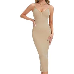 SLIMBELLE Shapewear Slip For Women Under Dress Tummy Control Bodycon Long Maxi Dresses Back Slit V Neck Full Body Shaper with Adjustable Straps Nude, Large