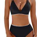 BMJL Women's Bikini Sets V Neck High Waisted Swimsuits Shell Stitched Cheeky Two Piece Bathing Suit (Small, Black039)