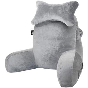 SLIGUY Reading Pillow for Sitting in Bed Couch Adult, Back Pillow with arm Support and Pockets, Adult Back Pillow Bed Chair for Bed Rest, Reading, Watching TV, Gaming for Boys and Girls Light Grey