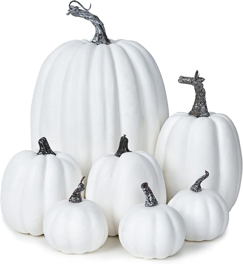 Lvydec 7pc Assorted Size White Pumpkins Craft Pumpkins for Halloween Thanksgiving Autumn Festive Party Supplies