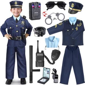 G.C Kids Police Costume Boys Cop Costumes with Shoulder Light Recorder Girls Police Officer Gear Halloween Career Day Gifts (M(8-10Y))