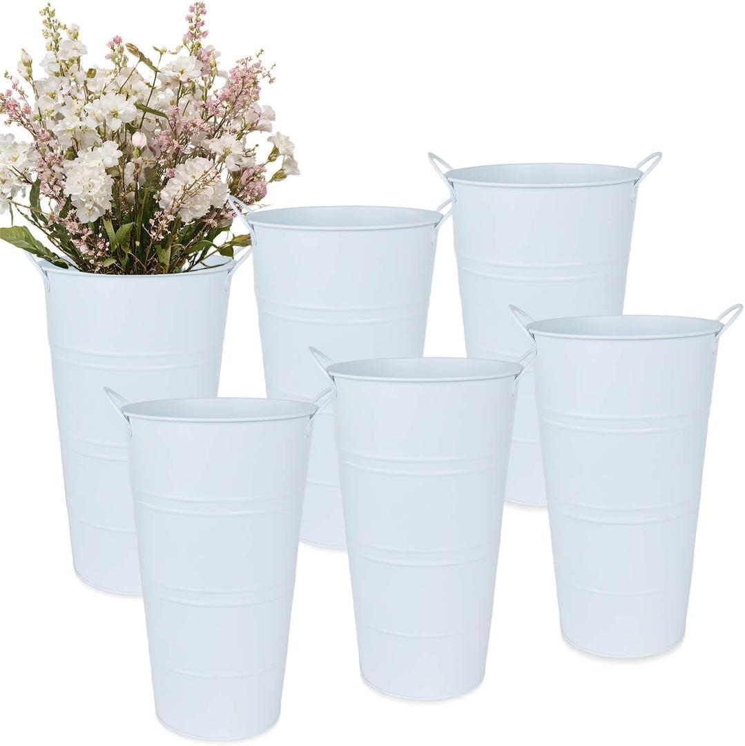 vensovo 12 Inch Galvanized Metal Vases for Flowers - 6 Pcs Farmhouse Decorative Tall Flower Bucket with Handles, Rustic French Tin Planter Buckets for Wedding Decor (Pure White)