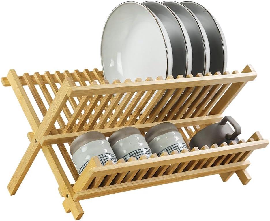 KKTONER Bamboo Dish Drying Rack 2 Tier Foldable Plate Organizer Collapsible Plate Organizer Holder for Kitchen Countertop (Natural)