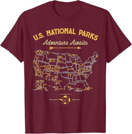 63 National Parks Map US Park Retro Vintage Camping Hiking T-Shirt
