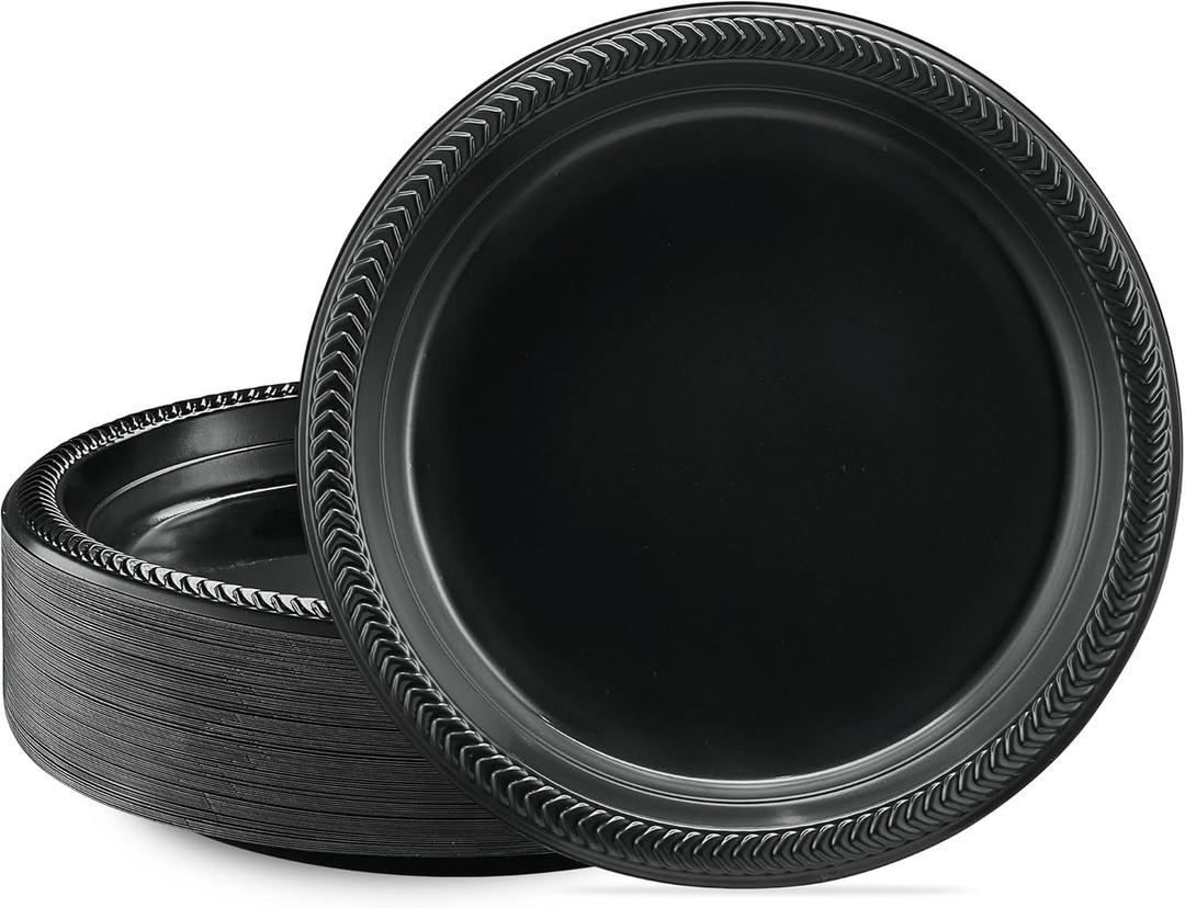 PLASTICPRO 100 PCS Black Plastic Plates Light Weight 9 Inch Plastic Dinner Plates Black Plates Disposable for Party and Wedding