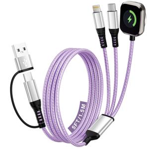 Travel Essentials, 3 in 2 USB A/C Cable for iPhone 17 Charger/iWatch Charger/IP, Braided Multi Charging Cable Cord, RV Camping Essentials, Designed for iWatch Series & iPhone17-11/iPad-5FT (Purple)