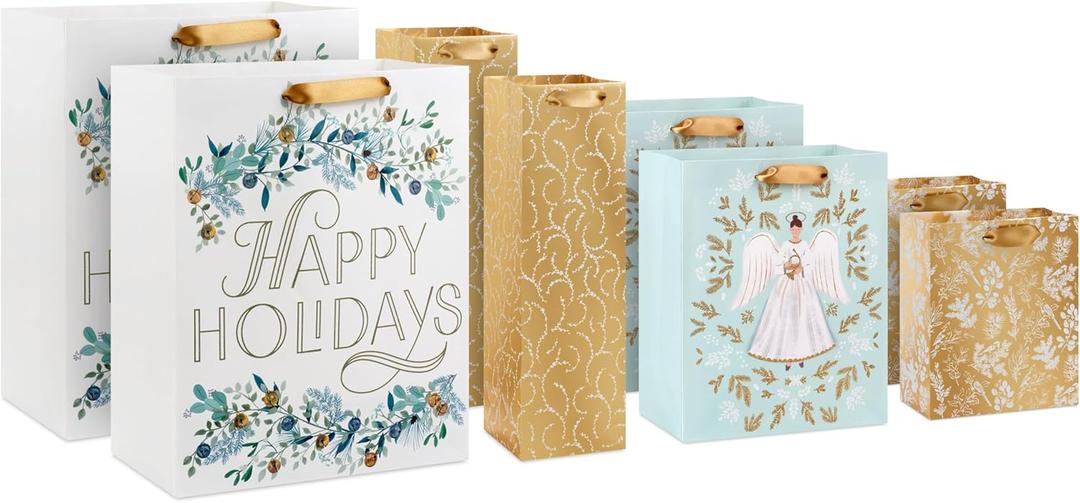 Hallmark Assorted Glittery Gold Christmas Gift Bags (8 Bags: 2 Small 6", 2 Medium 9", 2 Large 13", 2 Bottle 13") Angels, Mint Green, Leaves, Happy Holidays