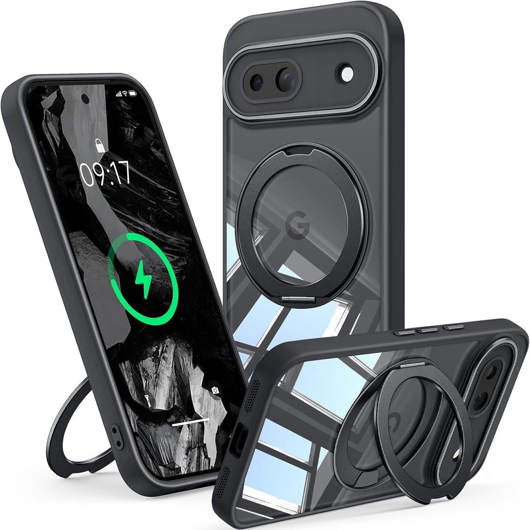 360 Spin Magnetic Stand Case for Google Pixel 8A Fit for MagSafe & Pixelsnap Cover with Ring Holder No-Yellow Crystal Clear Camera Protection Phone Google Pixel 8A Case - Black