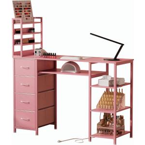 Manicure Table Nail Desk for Nail tech with Drawers and Power Outlet,Nail Beauty Table with Storage and Open Shelves for Home,Workshop,Makeup Beauty Salon Workstation (Pink), 47.24" L x 15.75" W x 47.24" H